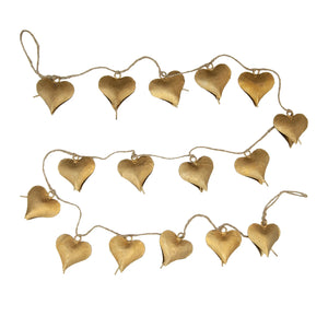 Metal Gold heart shaped Bell Garland w/ Jute cord