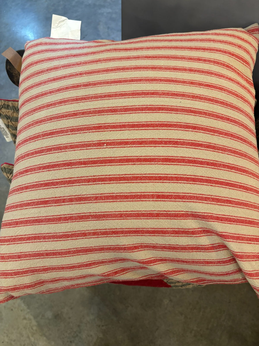 20" Square Woven Cotton Striped Pillow, Red & Natural