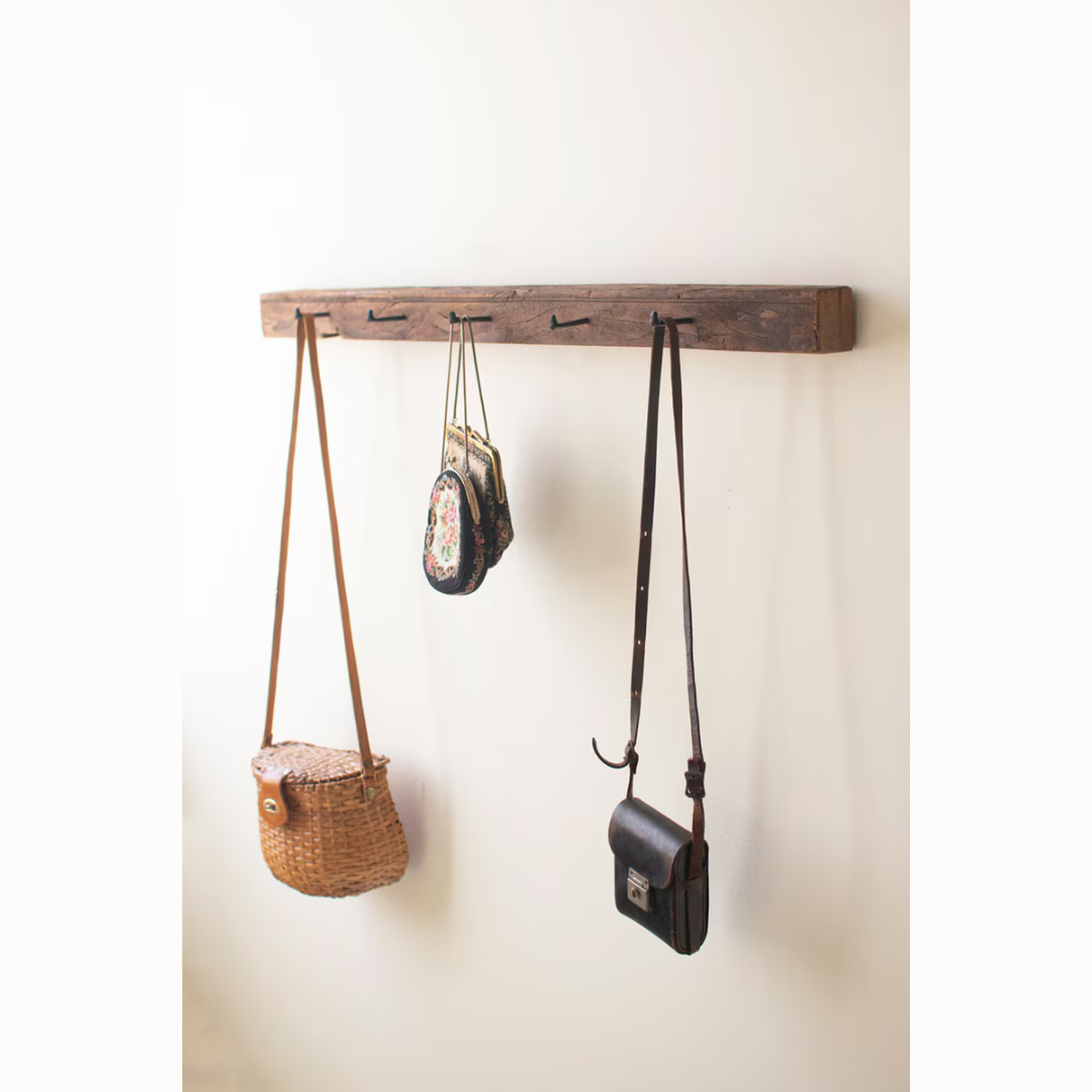Recycled Wood Coat Rack with Forged Iron Hooks
