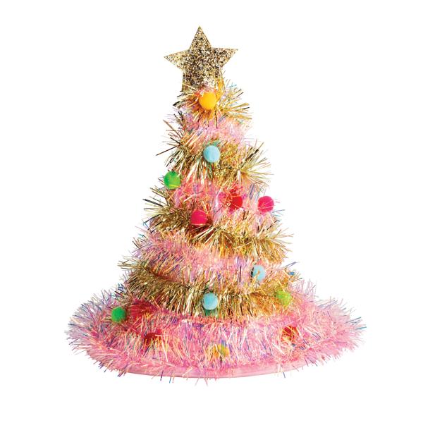 Pink tinsel singing Christmas tree hat