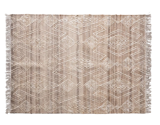 Hand-Woven Jute and Wool Blend Rug with Pattern and Fringe