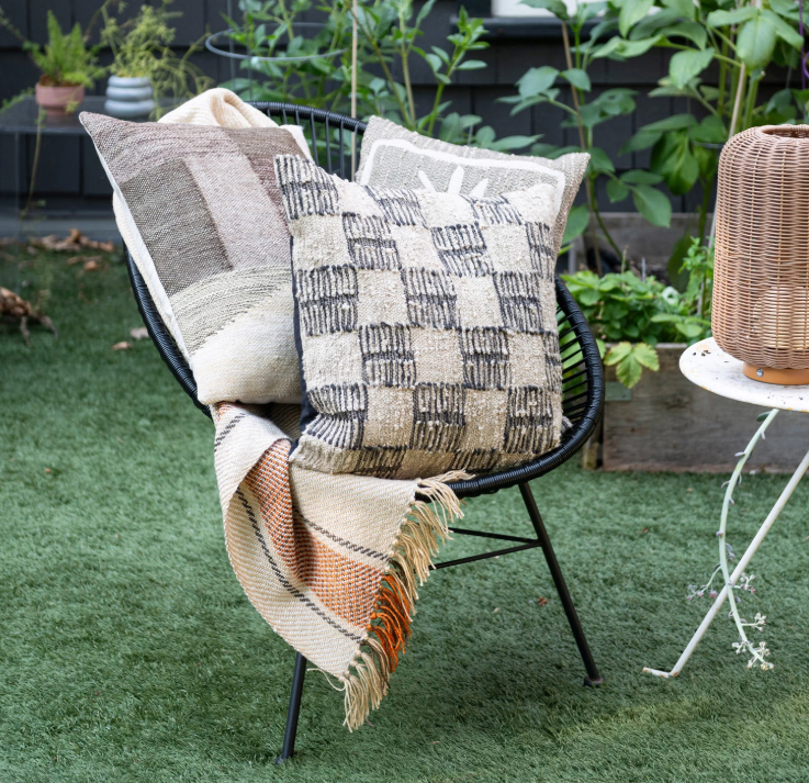 20" Square Woven Fabric Indoor/Outdoor Pillow w/ Block Pattern