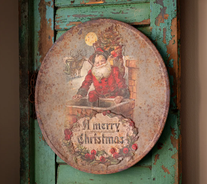 Merry Christmas Santa Embossed Round Metal Sign