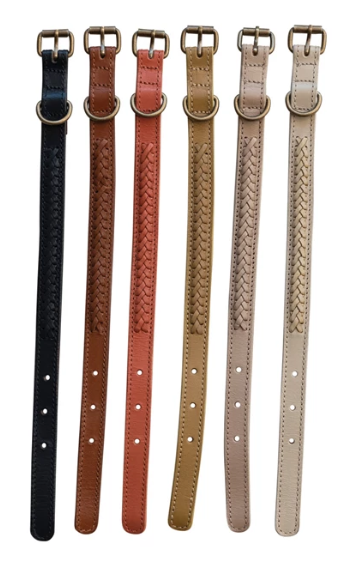 Braided Leather Dog Collar w/ Metal Buckle, 6 Colors, Medium