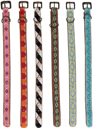 Cotton & Leather Dog Collar w/ Embroidery & Metal Buckle, Multi Color, 6 Styles, Small