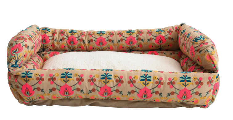 Cotton Embroidered & Sherpa Pet Bed w/ Washable Cover