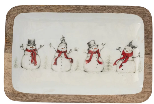 Enameled Mango Wood Tray with Snowmen & Birds Image 12x8