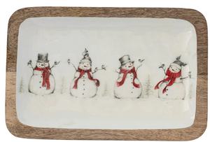 Enameled Mango Wood Tray with Snowmen & Birds Image 12x8
