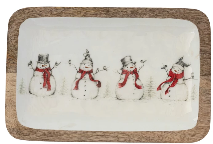 Enameled Mango Wood Tray with Snowmen & Birds Image 12x8