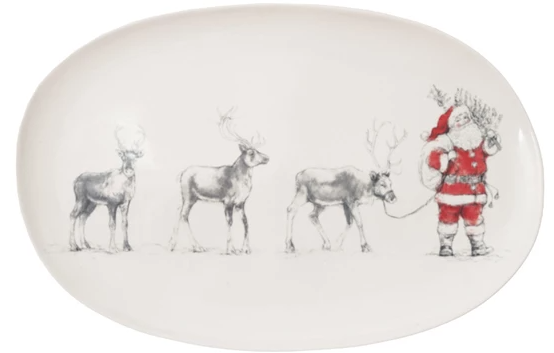 Oval Stoneware Serving Platter with Santa Leading Reindeer Image 16 1/2"L