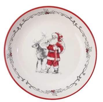 Stoneware Bowl with Santa & Reindeer Image & Colored Rim 12-3/4" Round x 2-3/4"H