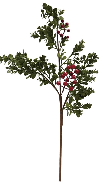 Faux Boxwood Stem with Red Berries
