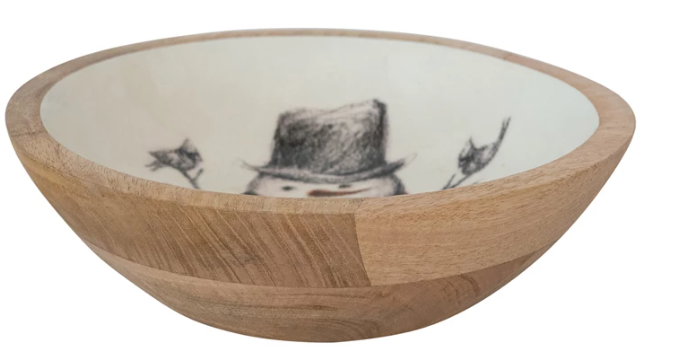Enameled Mango Wood Bowl with Snowman & Bird Image