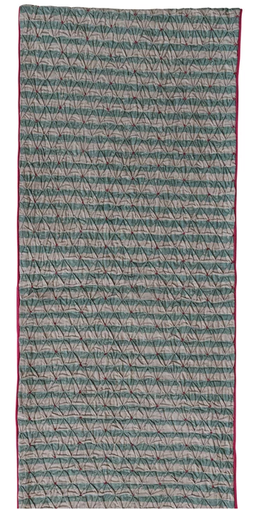 Woven Smocked Table Runner with Hand-Embroidered Beads & Velvet Piping
