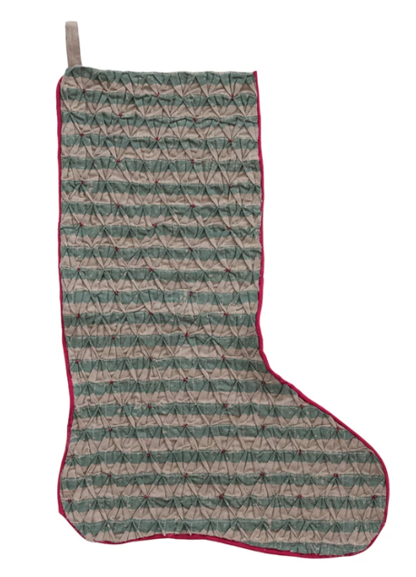 Woven Smocked Stocking with Hand-Embroidered Beads & Velvet Piping