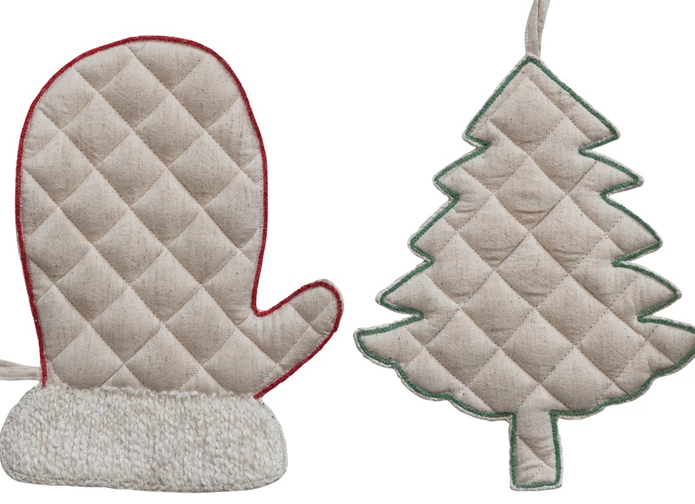 Quilted & Linen Mitten/Tree Shaped Pot Holder with Embroidery, 2 Styles