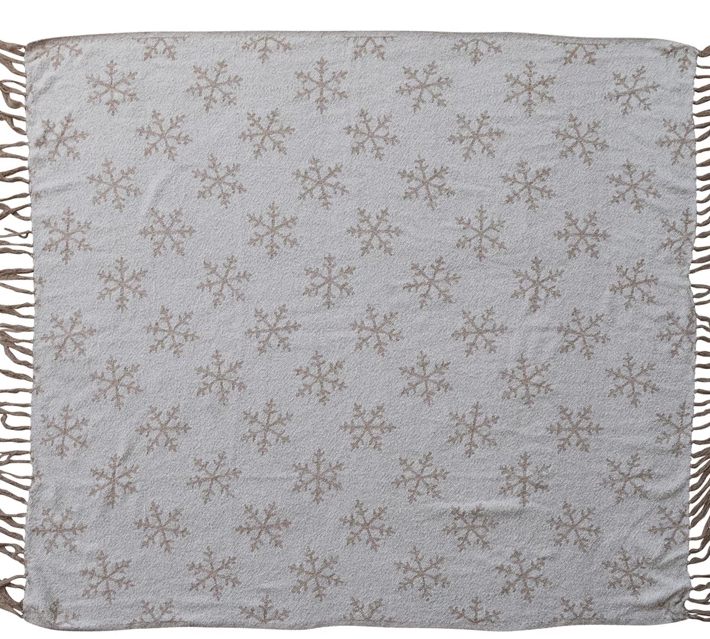 Woven Recycled Fabric Jacquard Throw with Snowflake Pattern & Fringe