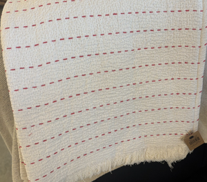 Throw with Hand-Embroidered Kantha Stitch & Frayed Edges, Natural & Red