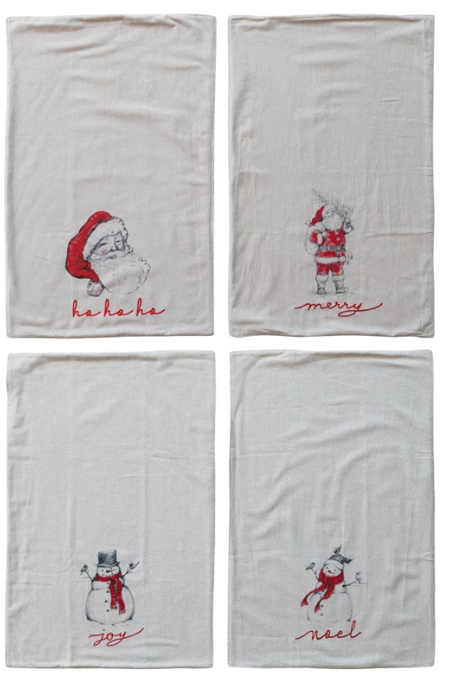 Cotton & Linen Tea Towel with Snowman/Santa Image, 4 Styles