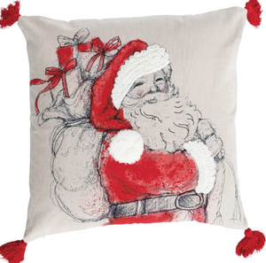 20" Square Pillow with Embroidered Image, Tufting, Pom Poms & Tassels