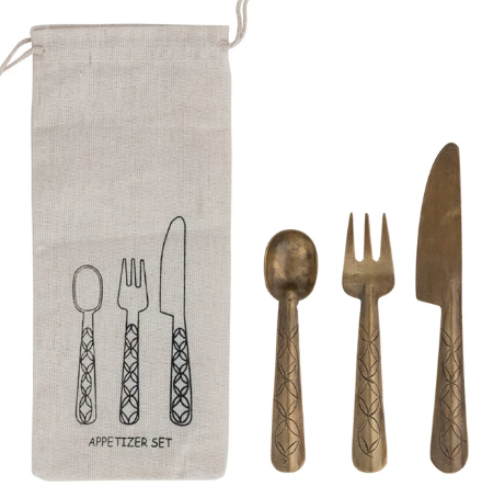 Hand-Forged Brass Appetizer Utensils, Set of 3 in Drawstring Bag