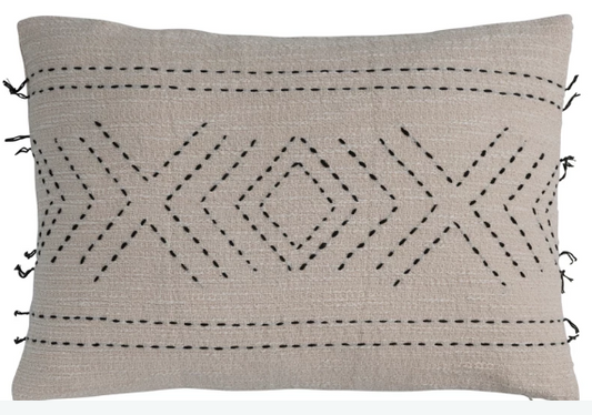 Hand-Embroidered Cotton Lumbar Pillow w/ Kantha Stitch