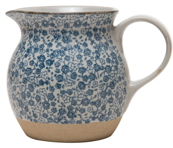 Hand-Painted Stoneware Pitcher with Floral Print