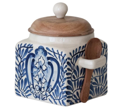 Hand-Painted Stoneware Canister with Lid & Spoon