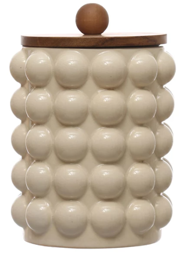 5-3/4" Round x 8-1/4"H Stoneware Canister w/ Raised Dots & Acacia Wood Lid