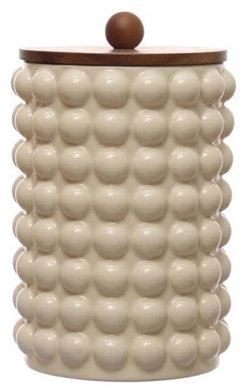 6-3/4" Round x 10-1/4"H Stoneware Canister w/ Raised Dots & Acacia Wood Lid
