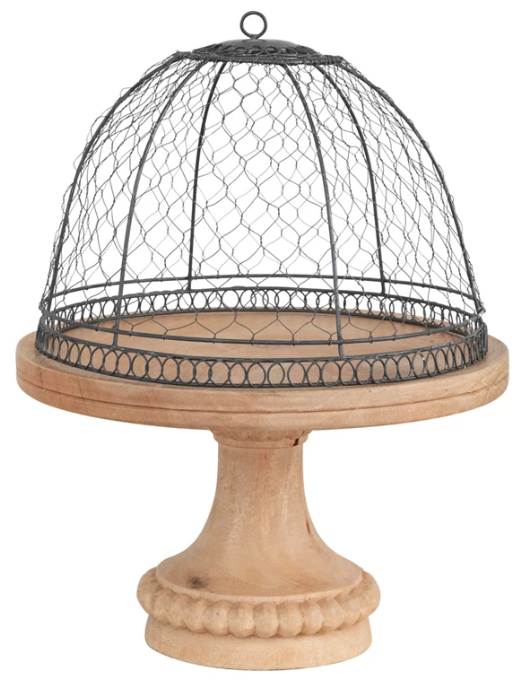 Metal Wire Cloche with Mango Wood Pedestal Base