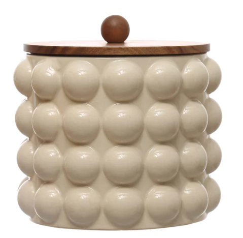 8-1/4" Round x 8-1/4"H Stoneware Canister w/ Raised Dots & Acacia Wood Lid & Natural