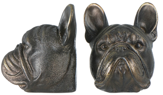 French Bulldog Head Bookends with Antique Finish, Set of 2