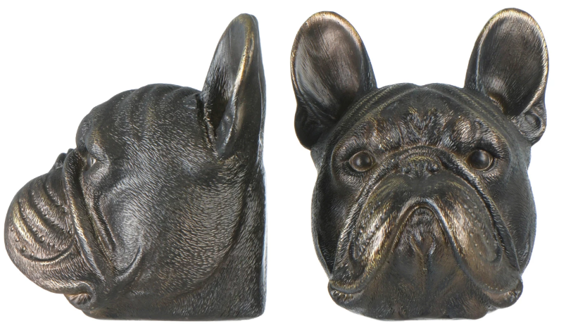 French Bulldog Head Bookends with Antique Finish, Set of 2