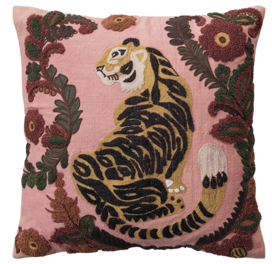 20" Square Cotton Slub Pillow w/ Embroidered Tiger & Flowers