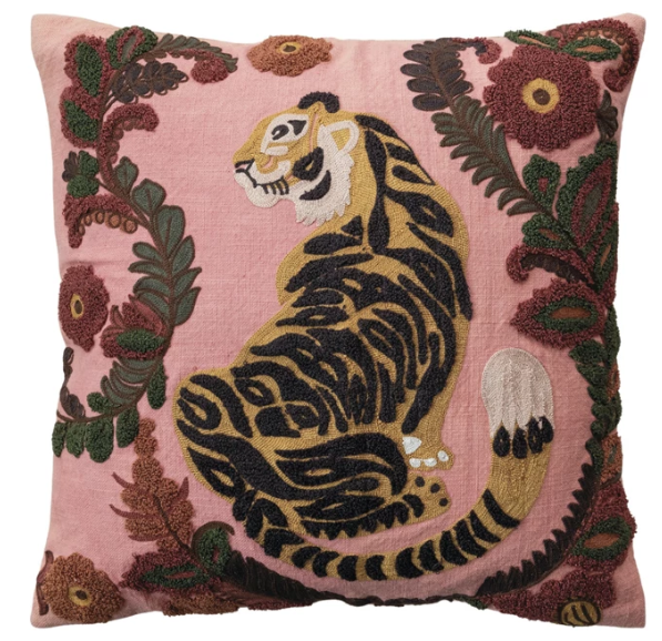20" Square Cotton Slub Pillow w/ Embroidered Tiger & Flowers