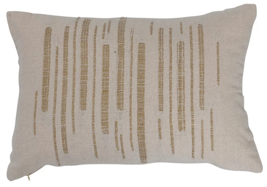 24" x 16" Woven Cotton Slub Lumbar Pillow w/ Gold Metallic Thread Embroidery, Polyester Fill