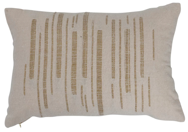 24" x 16" Woven Cotton Slub Lumbar Pillow w/ Gold Metallic Thread Embroidery, Polyester Fill