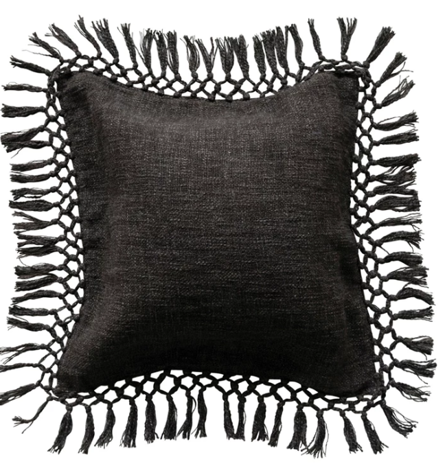 20" Cotton Slub Pillow w/ Crochet & Fringe, Polyester Fill