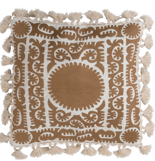 20" Cotton Pillow w/ Embroidery, Chambray Back & Tassels, Polyester Fil