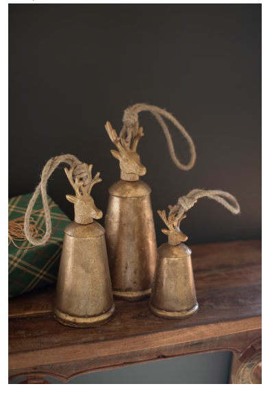 Set of 3 Antique Gold Metal Christmas Bells with Deer Finials
