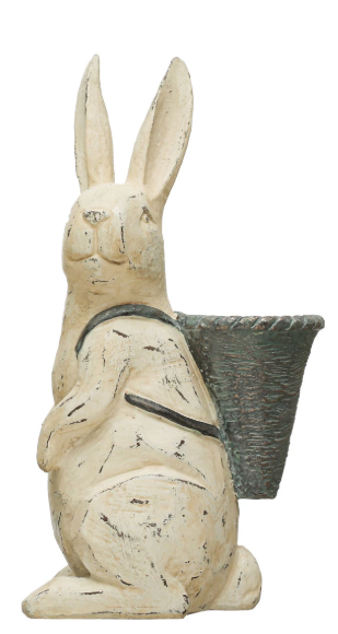 Resin Rabbit w/ Basket, Distressed Finish, Antique White & Grey