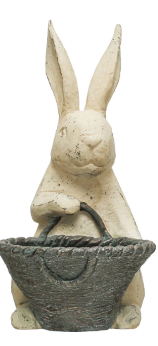 Resin Rabbit w/ Basket, Distressed Finish, Antique White & Grey