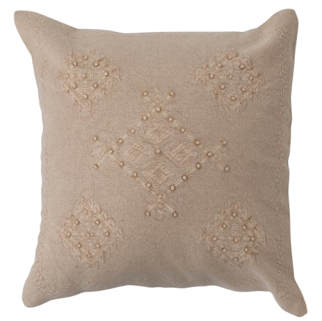 Woven Cotton Pillow w/ Embroidery & French Knots