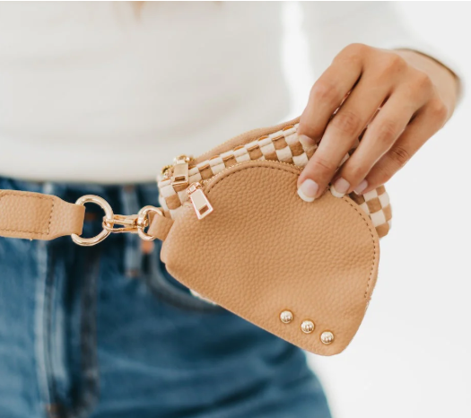 Wonderlust Woven Dual Pouch Wristlet-Tan Checkered