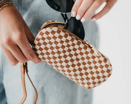 Dylan Woven Sunglass Case Wristlet- Checkered Brown