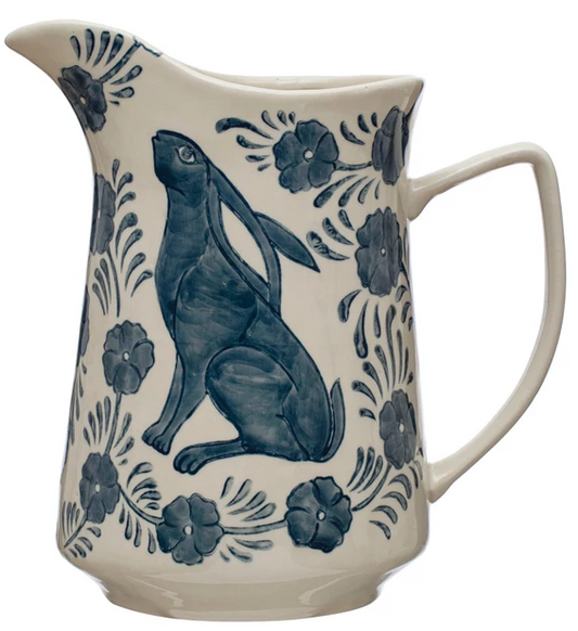 3 Quart Hand-Painted Stoneware Pitcher w/ Rabbit & Flowers, Blue & White
