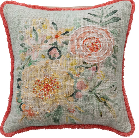 Cotton Slub Pillow with Flowers, Embroidery & Eyelash Fringe