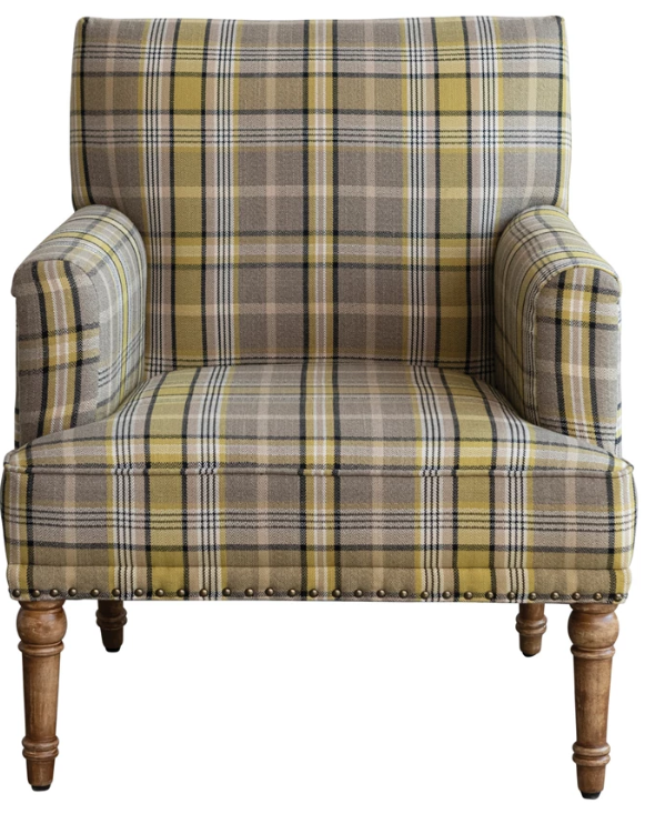 Fabric Upholstered Chair with Plaid Pattern, Mango Wood Legs & Nail Heads & Natural