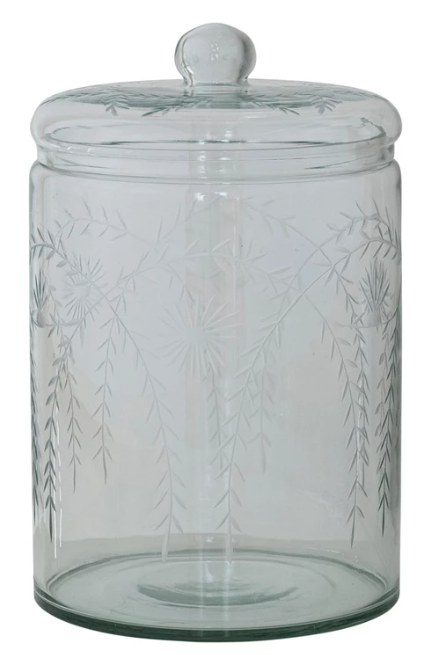 7-1/4 Quart Hand-Blown Glass Jar with Etched Botanicals & Lid